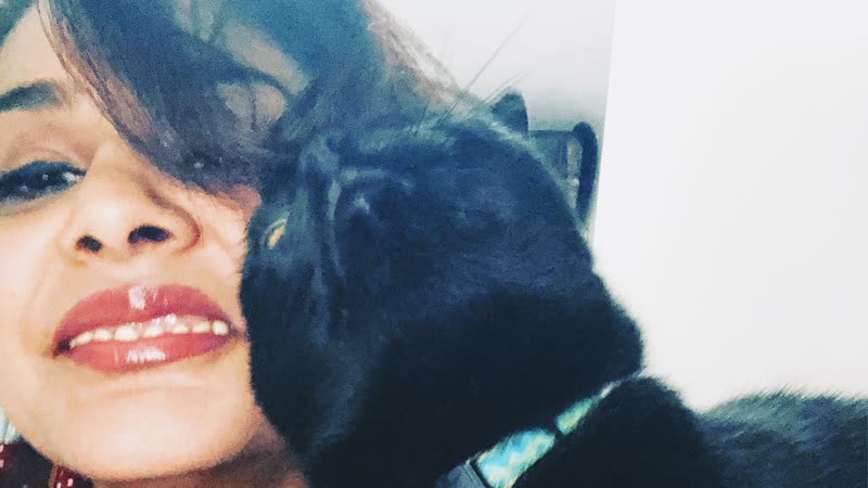 The sitter cheek-to-cheek with a black dog wearing a teal collar